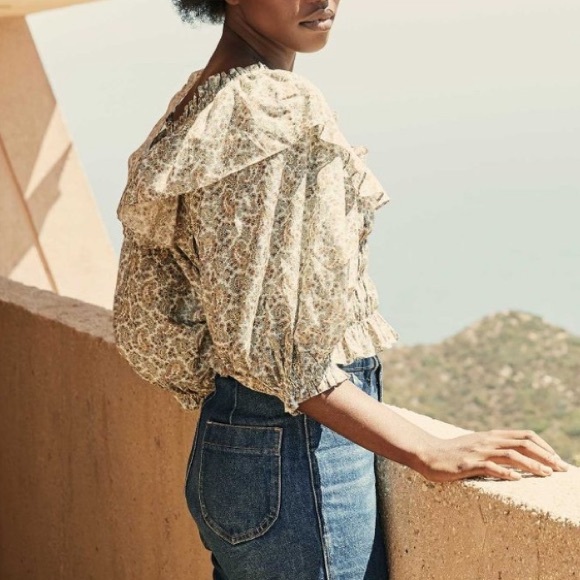 NWT Doen Luce Cotton Ruffle Off Shoulder Crop Blouse Top Cream Tisbury Paisley - Picture 6 of 13